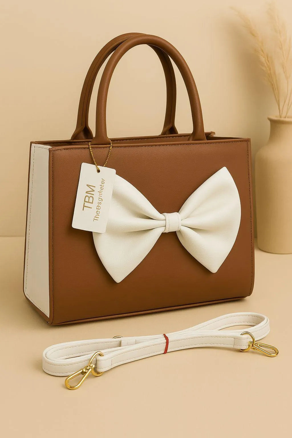 Black Bow Shoulder Bag for Women with White Strap
