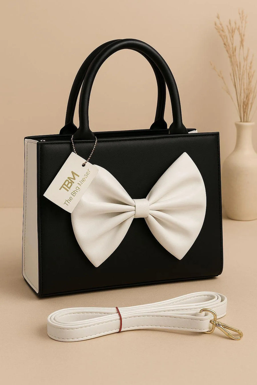Black Bow Shoulder Bag for Women with White Strap
