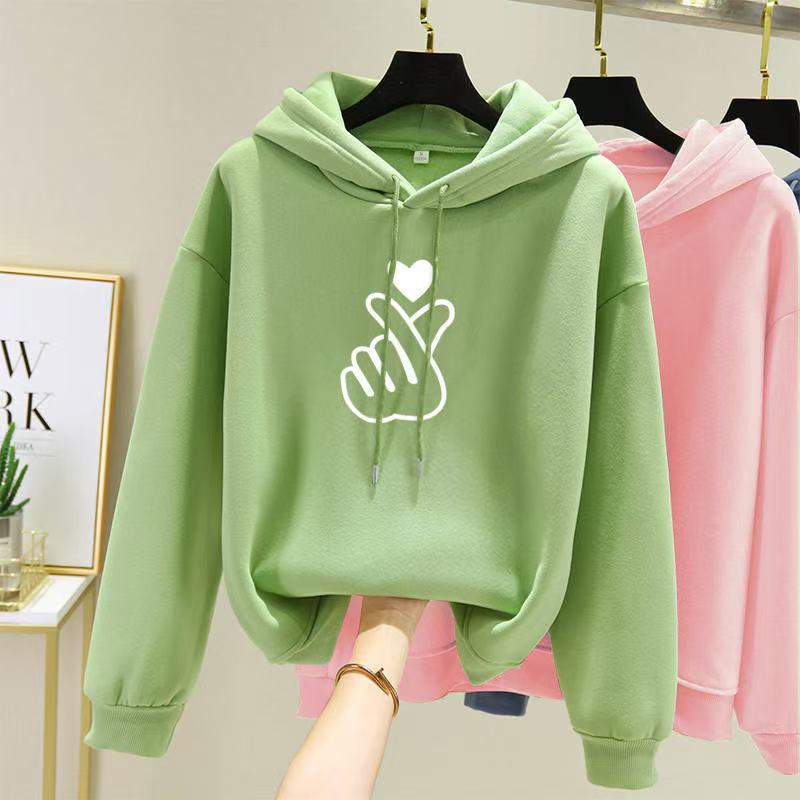 Women Hoodie with Heart Hand Print Blue Pink Loose Fleece