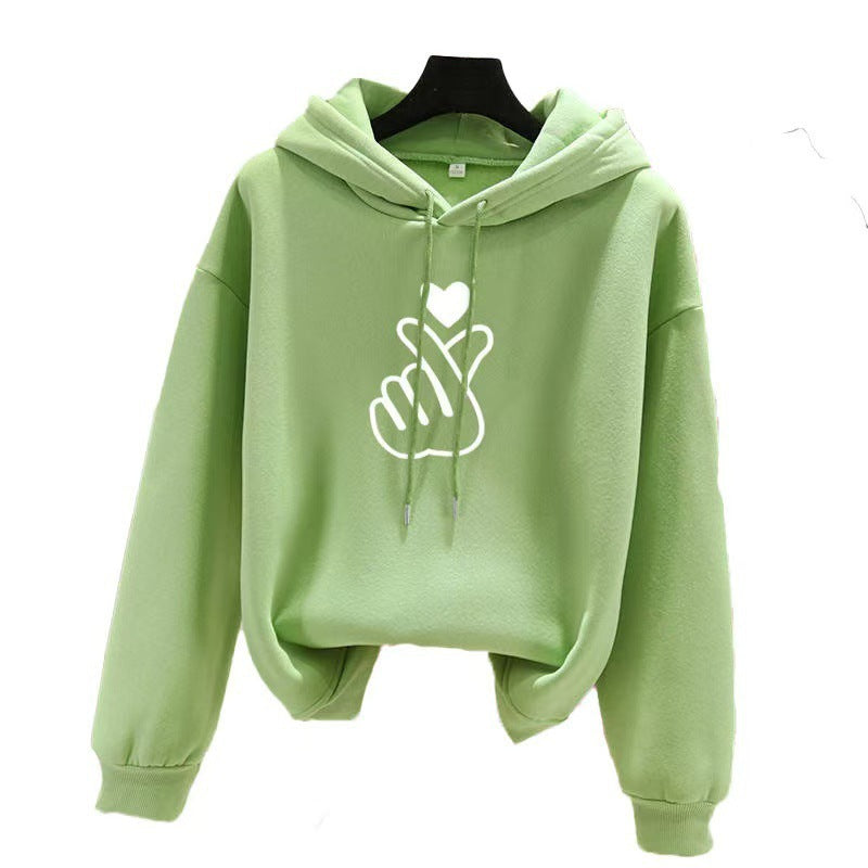 Women Hoodie with Heart Hand Print Blue Pink Loose Fleece