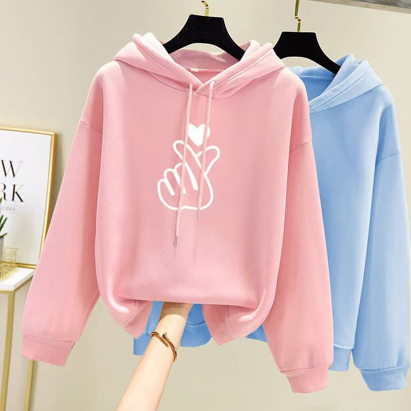Women Hoodie with Heart Hand Print Blue Pink Loose Fleece